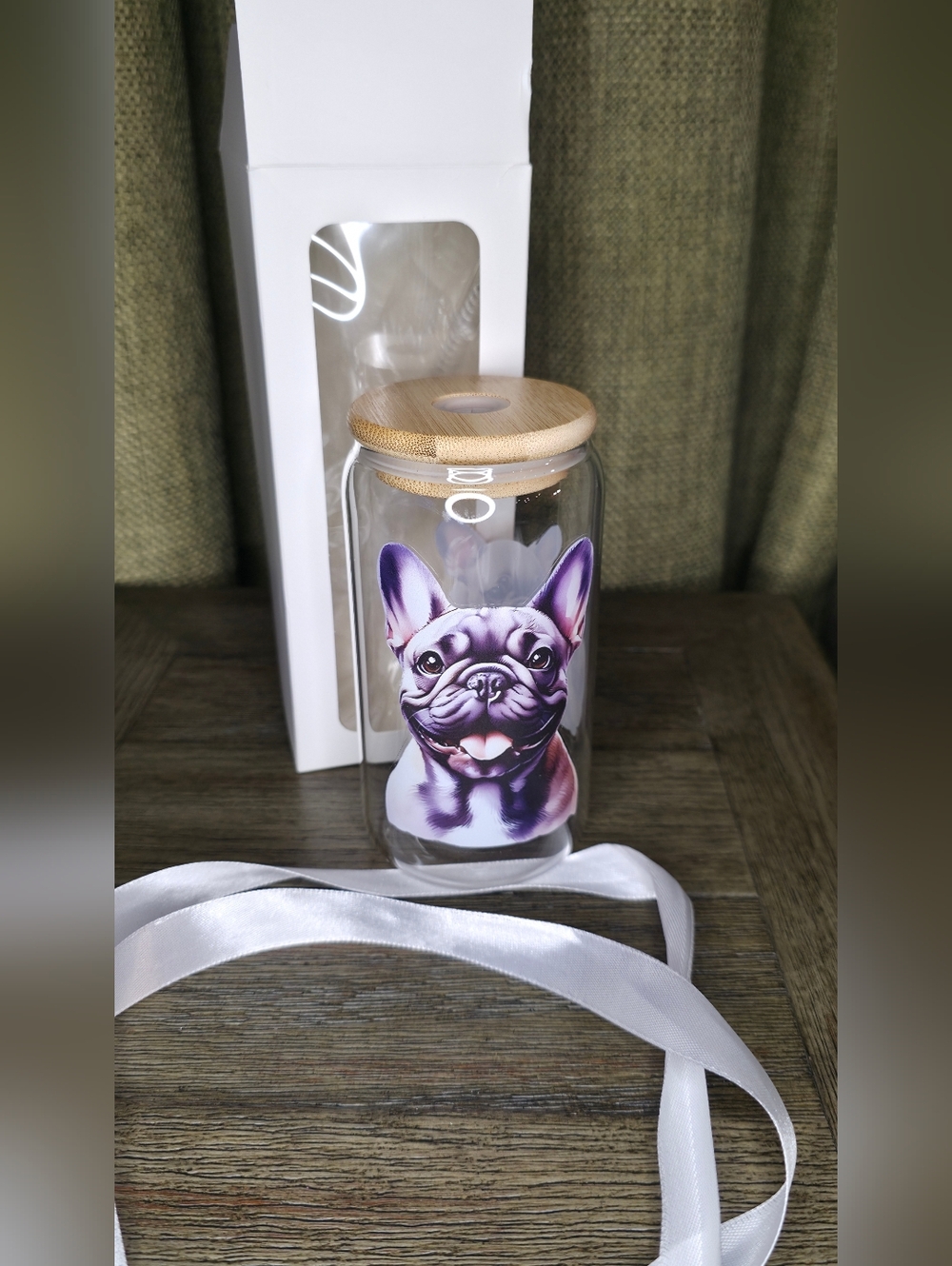 Glass Cup With French Bulldog Decal and Bamboo Lid